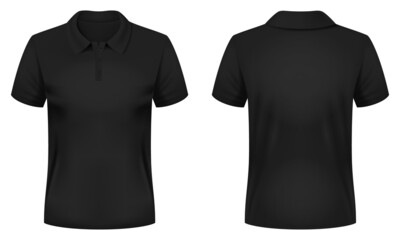 Blank black polo shirt template. Front and back views. Vector illustration. - obrazy, fototapety, plakaty
