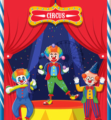 Obraz na płótnie Canvas Three clowns cartoon character on stage