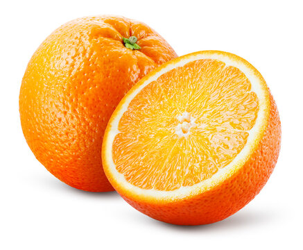 Orange isolate. Orange fruit with a half on white background. Orang with slice. Full depth of field.