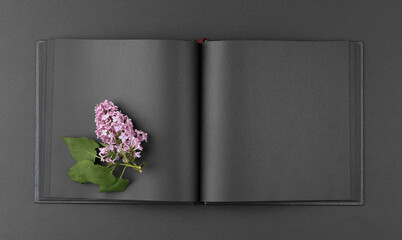 Notebook with pen and lilac.