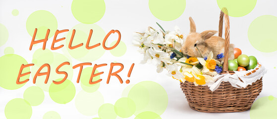 A long banner with the text Hello Easter with a beautiful little rabbit in a basket and painted eggs.