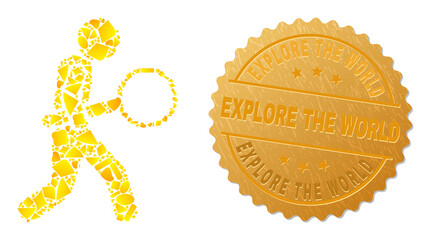 Golden composition of yellow parts for zoom glass inspector icon, and gold metallic Explore the World stamp seal. Zoom glass inspector icon collage is composed of scattered golden parts.