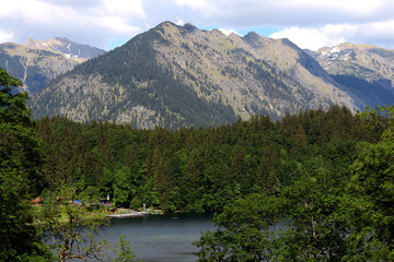 Lake in the mountains, Alps - Freibergsee, Naturbad Freibergsee, Oberstdorf, Heini-Klopfer-Ski jump