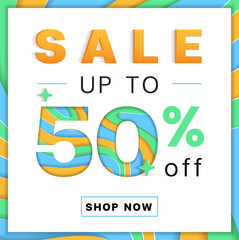 Sale up to 50% off Promotion Discount Online Shopping Abstract Blue Green Orange Mountain Geography Contour Map 3D Layer Cutout Paper Card Advertising Web Banner Marketing