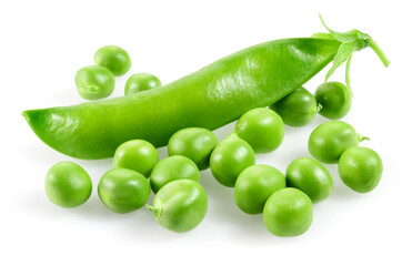 Green peas isolated. Fresh green peeled peas and a pod on white background. - obrazy, fototapety, plakaty