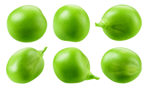 Green peas isolated. Set of fresh green peeled peas on white background. Collection.