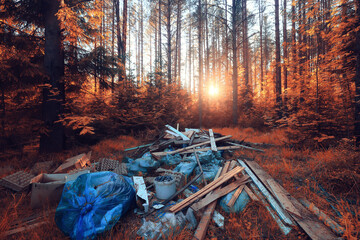 forest garbage dump ecology concept, pollution nature protection of forest from garbage