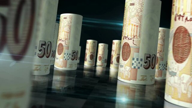 Bulgaria leva rolls loop 3d animation. Money on the table. Seamless and loopable abstract concept of economy, finance, business and recession. Camera between BGN rolled banknotes.