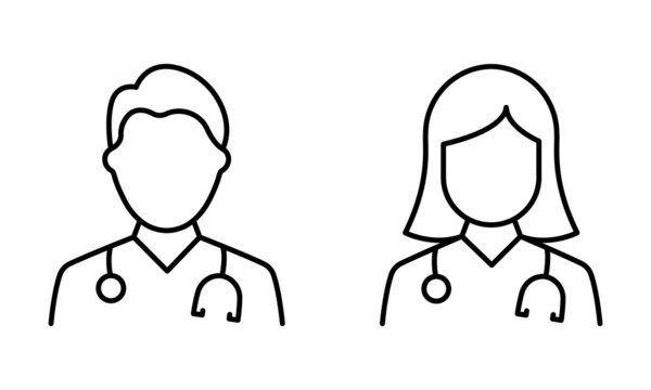 Two Medic Professional Assistants with Stethoscope Line Icon. Male and Female Physicians Specialist Linear Pictogram. Man, Woman Doctors Outline Icon. Editable Stroke. Isolated Vector Illustration