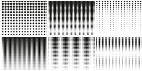 Halftone Rectangles Pictogram Set. Gradient Geometric Dots Background. Abstract Black and White Raster. Vertical Gradation Effect. Fade Half Tone. Pattern. Isolated Vector Illustration