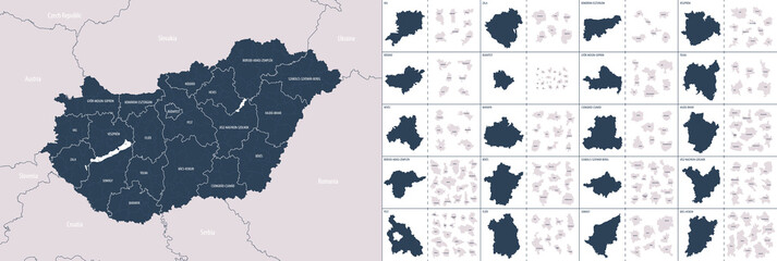 Vector color detailed map of  Hungary with administrative divisions of the country, each counties is presented separately in highly detailed and divided into districts © martinova4