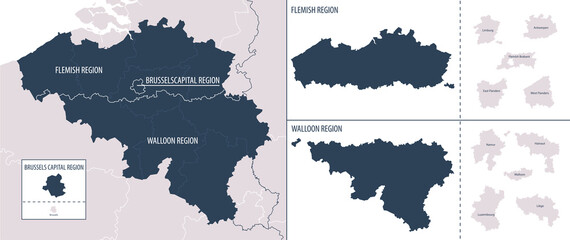 Vector color detailed map of Belgium with administrative divisions of the country, each regions is presented separately in highly detailed and divided into provinces - obrazy, fototapety, plakaty
