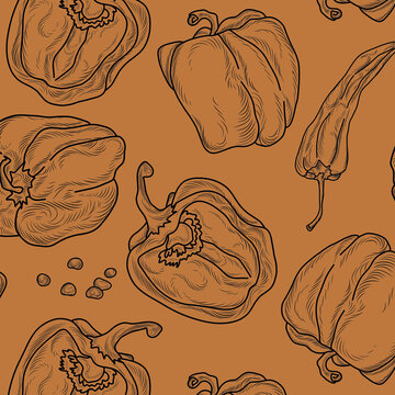 Seamless pattern with bell pepper and chilli pepper, yellow color pattern