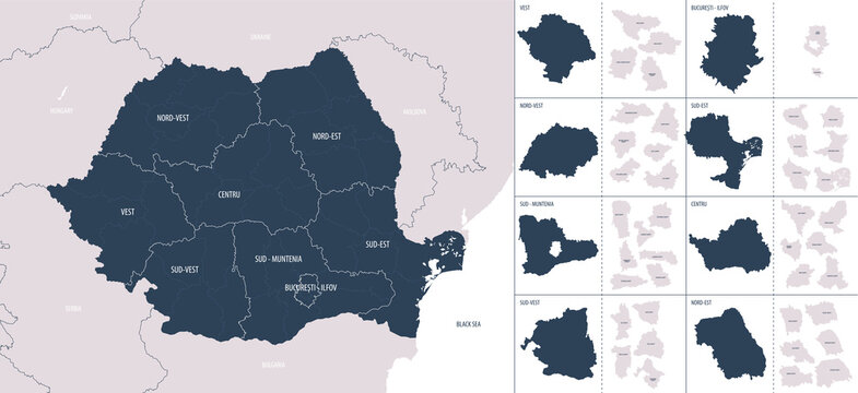 Vector color detailed map of Romania with administrative divisions of the country, each regions is presented separately in highly detailed and divided into counties