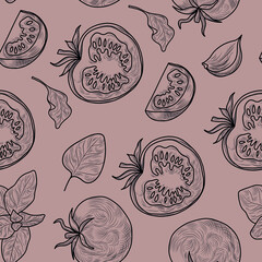 Tomato and basil hand drawn illustrations on the seamless texture