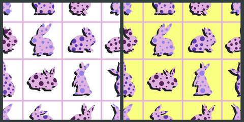 Vector seamless set. The contours of the rabbits, filled with circles inside, are divided by lines into squares. On an isolated background. 
