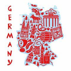 Vector hand drawn stylized map of German landmarks. Travel illustration. Federal Republic of Germany geography illustration. Europe map element © lubovchipurko