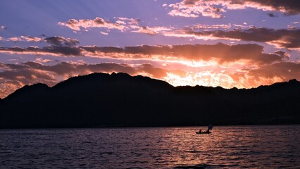 Sea view with mountains at dawn and sunrise