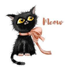 A devilishly cute black cat with a bow. Illustration of a black kitten. Cute cat isolated on white background.