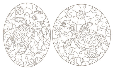 A set of contour illustrations in the style of a stained glass window with turtles on a sea day background, dark outlines on a white background