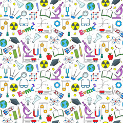 Seamless pattern on the theme of the subject of physics education, simple colored icons on white background