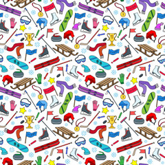 Obraz premium Seamless pattern on the theme of winter sports, simple icons on white background