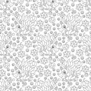 Seamless pattern with cute dark contour cartoon hedgehogs, outline animals and flowers on a white background