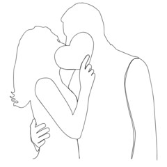 Couple in love with continuous one line drawing vector illustration. The couple kisses, covering their face with their heart.