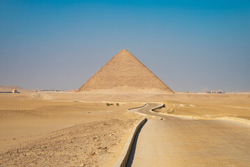 View of the desert, road and sky from the Red Pyramid of Dashur. Egypt.