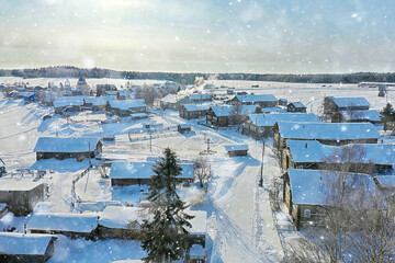 kimzha village top view, winter landscape russian north arkhangelsk district