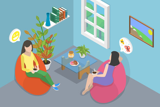 3D Isometric Flat Vector Conceptual Illustration of Drinking Tea With Friend, Spending Time Together Having Friendly Conversation