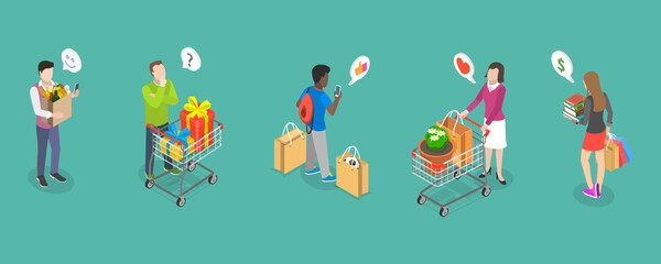 Fototapeta premium 3D Isometric Flat Vector Conceptual Illustration of Set of Buyers with Shopping Attributes, Modern Consumers Collection