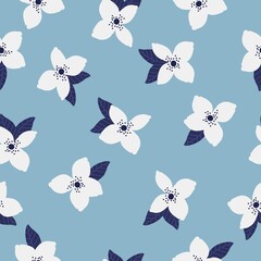 Beautiful vintage pattern. White flowers, blue leaves. Light blue background. Floral seamless background. An elegant template for fashionable prints.