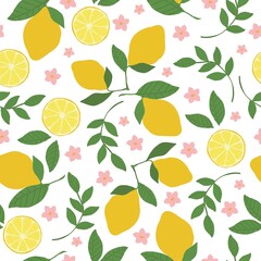 Beautiful citrus pattern. Yellow ripe lemons on a branch , pink flowers, green leaves . White background. An elegant template for fashionable prints.