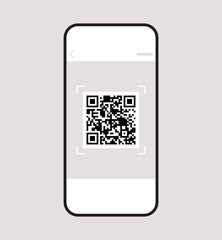 Scanning qr code on smartphone screen and digital technology flat vector illustration.
