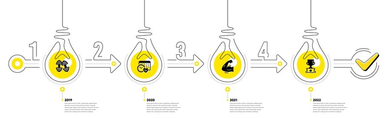 Gym Infographic timeline with 4 steps. Sport process diagram with Dumbbells, Exercise schedule, Strong muscle arm and Winner cup icons. Timeline infograph diagram. Vector