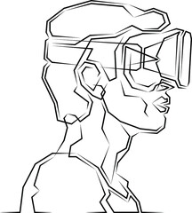 Continuous line.Man  wearing virtual reality glasses. Augmented reality, future technology concept. Online games.Corner line art drawing abstract logo.Lineart isolated white background.