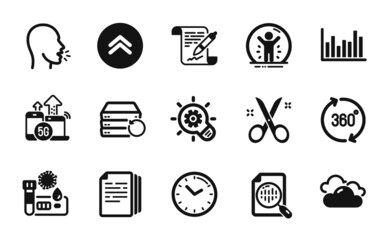 Vector set of Cloudy weather, Agreement document and Copy documents icons simple set. 360 degrees, Analytics chart and Scissors icons. Swipe up, Recovered person and Bar diagram signs. Vector