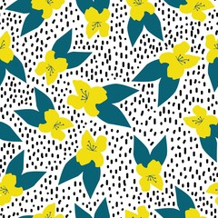 Beautiful vintage pattern. Yellow flowers. Green leaves . Black dots. White background. Floral seamless background. An elegant template for fashionable prints.