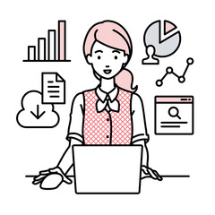 デスクで座ってPCを開いてリサーチしたりデータを分析してレポートにまとめている事務員制服の女性