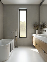 Fototapeta 3d rendering of a minimal grey concrete bathroom with a bathtub and a double sink with a vase of dried flowers obraz