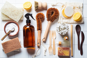 Zero waste concept. Flat lay eco products and accessories for home cleaning, skin care and...