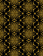 Pattern of Golden decorative flowers design vector on solid black color
