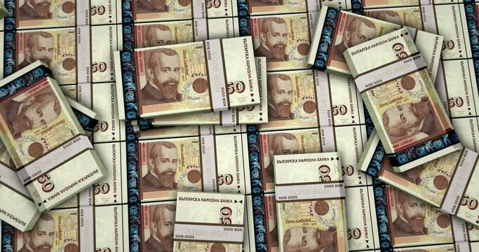 Bulgaria leva banknotes 3d animation. Camera view from close to long distance. BGN money packs. Concept of inflation, economy, crisis, business, banking, debt and finance.