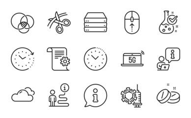 Science icons set. Included icon as Swipe up, Servers, Cloudy weather signs. Time management, 5g notebook, Chemistry lab symbols. Euler diagram, Coronavirus vaccine, Scissors. Time change. Vector