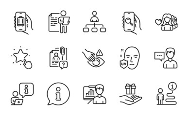 People icons set. Included icon as Search employee, Presentation board, Woman love signs. Baggage app, Job interview, Ranking star symbols. Dont touch, Person talk, Search app. Management. Vector