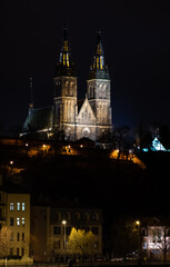 Fototapeta na wymiar Prague at night, Basilica of Saints Peter and Paul in Vysehrad, cityscape