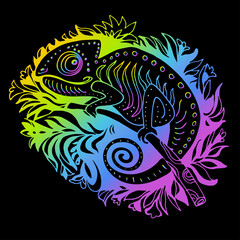 Vector Iridescent Chameleon in doodle style Isolated on Black. Hand Drawn Reptile Vector Illustration in Cartoon Style. Sketch for Tattoo or Print. Tropical Animal Collection. 