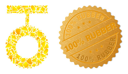 Golden composition of yellow spots for tire swing icon, and golden metallic 100% Rubber stamp seal. Tire swing icon collage is composed of randomized golden items.