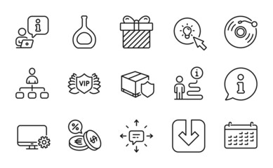 Line icons set. Included icon as Calendar, Energy, Delivery insurance signs. Surprise, Monitor settings, Vinyl record symbols. Sms, Load document, Management. Currency exchange line icons. Vector